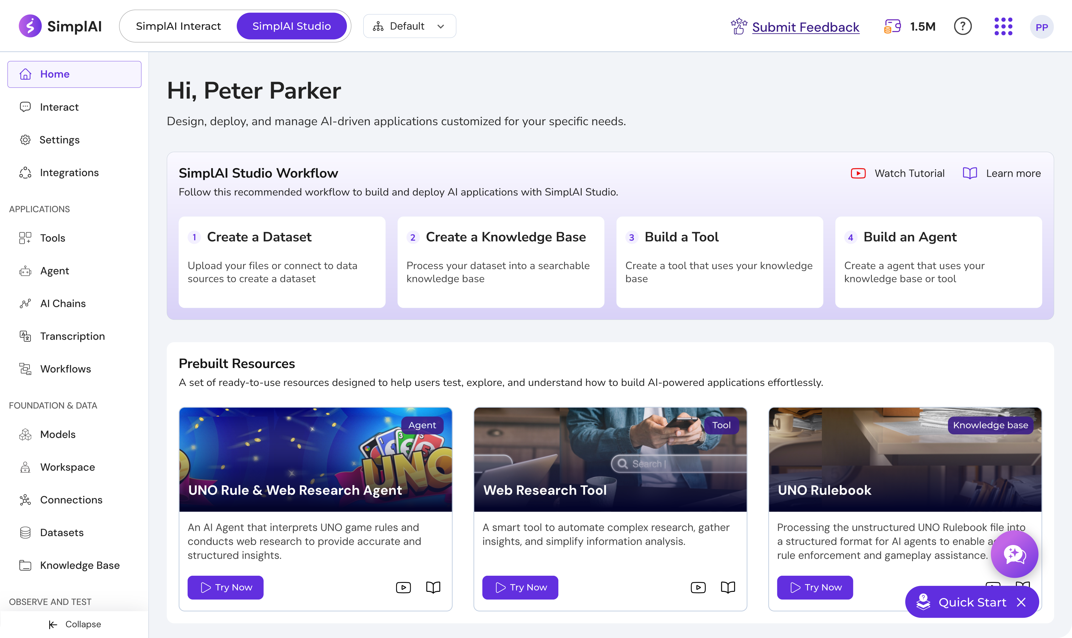 SimplAI Studio dashboard showing workflow steps and prebuilt resources