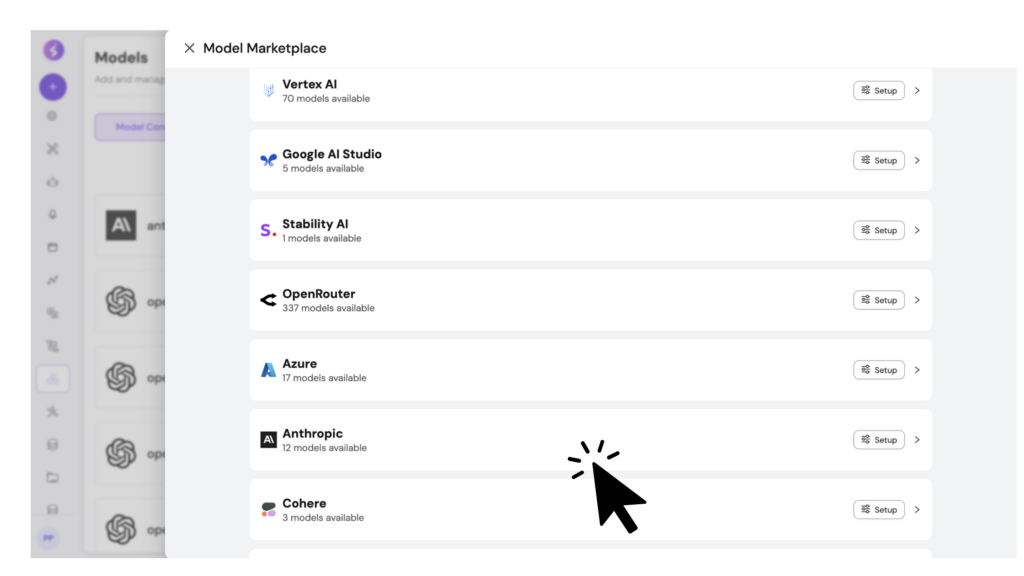 SimplAI Model Marketplace list with Anthropic provider option