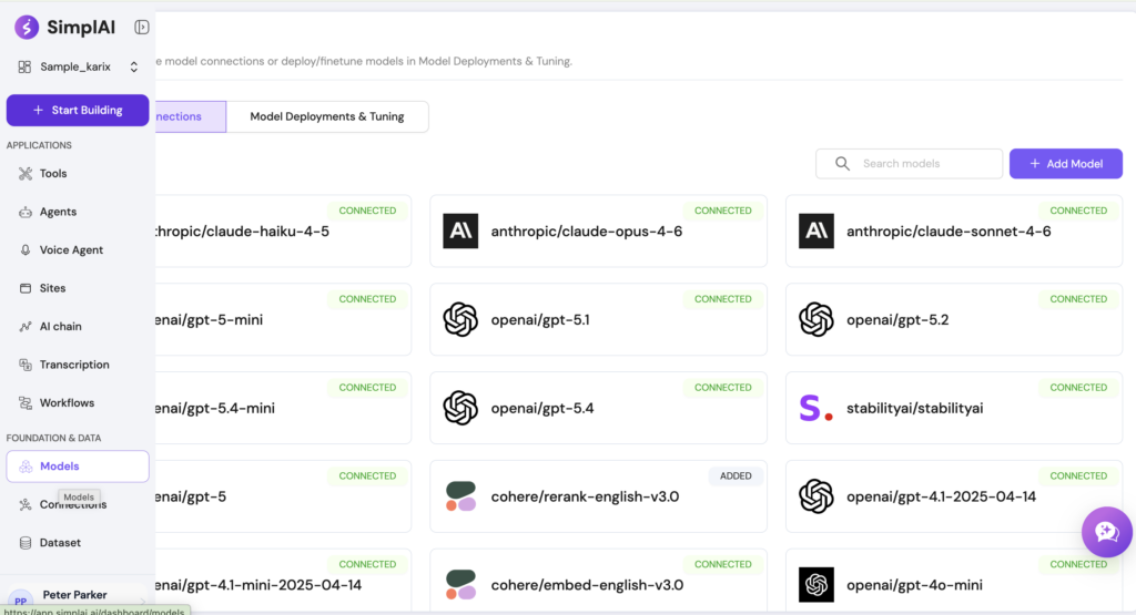 The Models section in SimplAI, showing every connected model by provider before you build an agent or workflow.