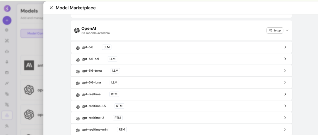 GPT-5.6, GPT-5.6 Sol, GPT-5.6 Terra, and GPT-5.6 Luna under OpenAI's 53 available models.